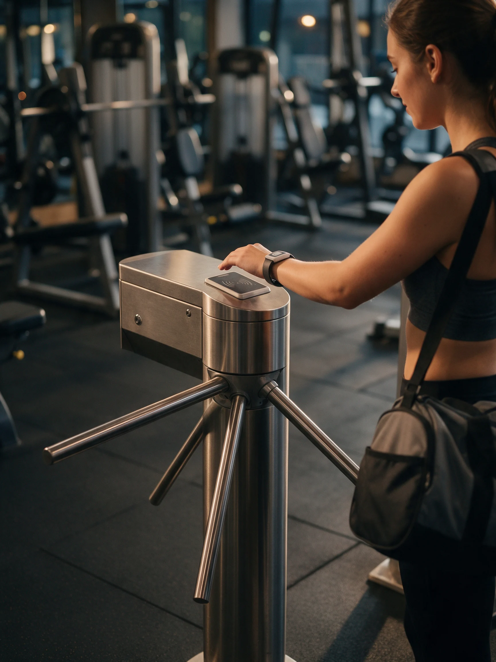 Socia de un gimnasio validando su pulsera en un torno trípode de acero inoxidable