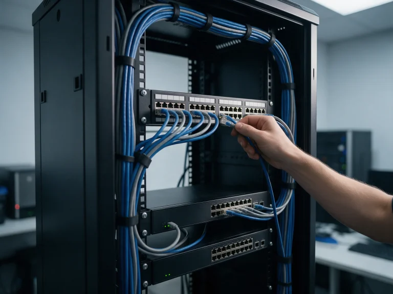 Rack de red con cableado estructurado y switches