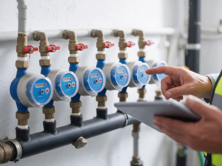 Batería de contadores de agua en el cuarto de instalaciones de un edificio