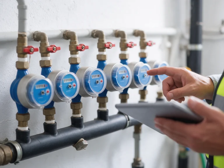 Batería de contadores de agua en el cuarto de instalaciones de un edificio