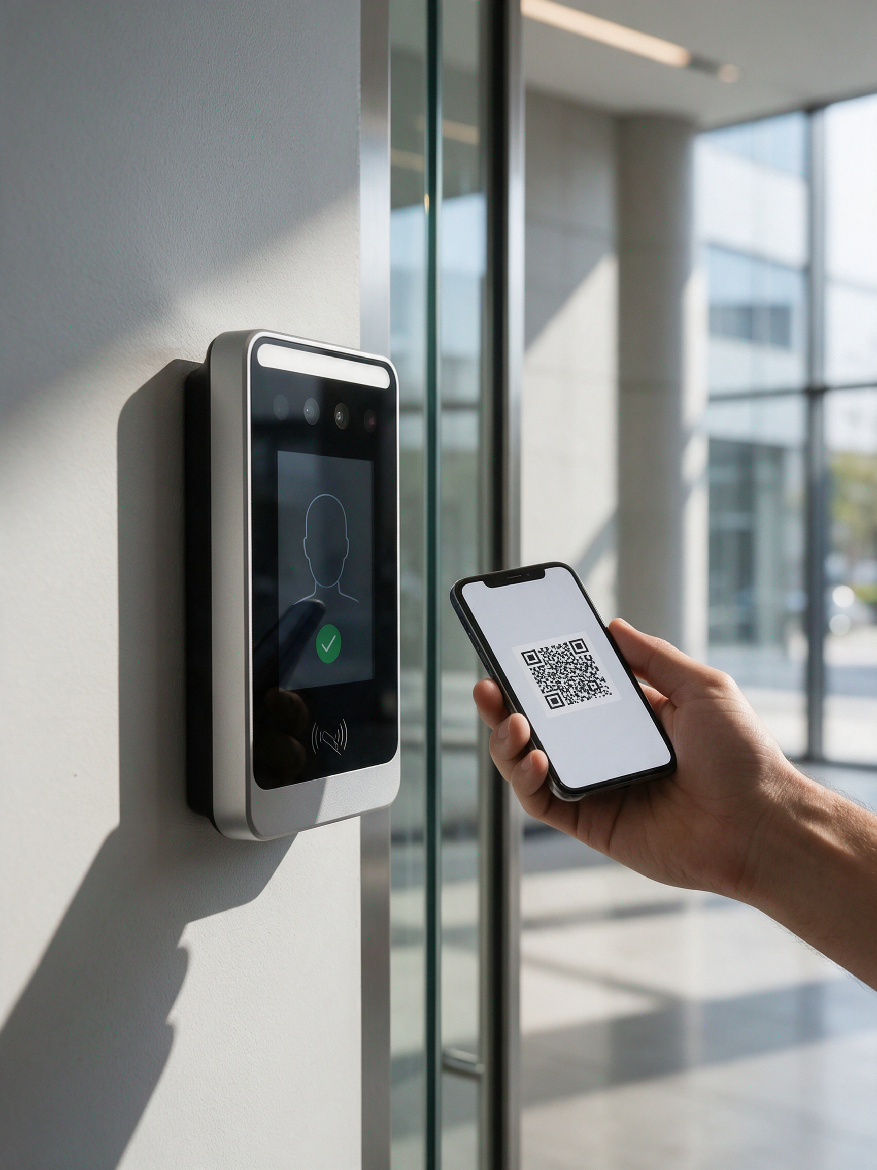 Terminal de reconocimiento facial leyendo un código QR en un móvil