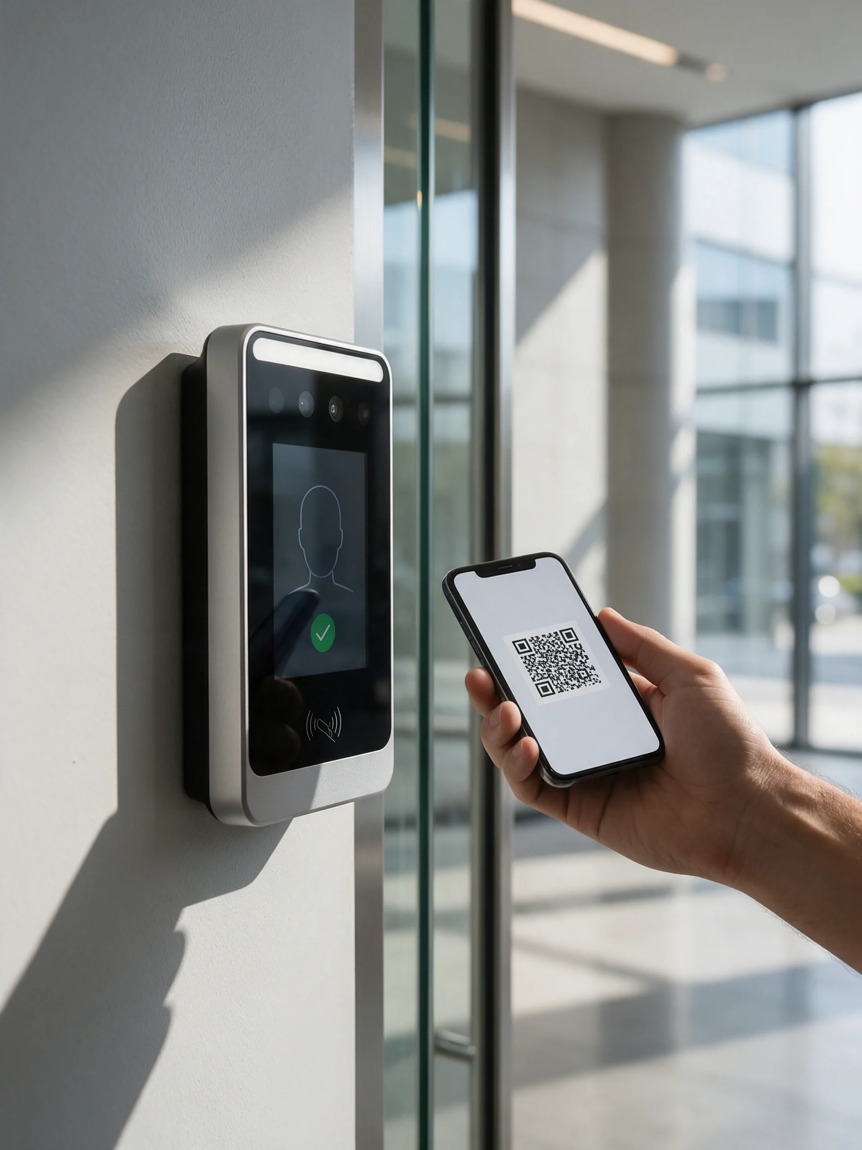 Terminal de reconocimiento facial leyendo un código QR en un móvil