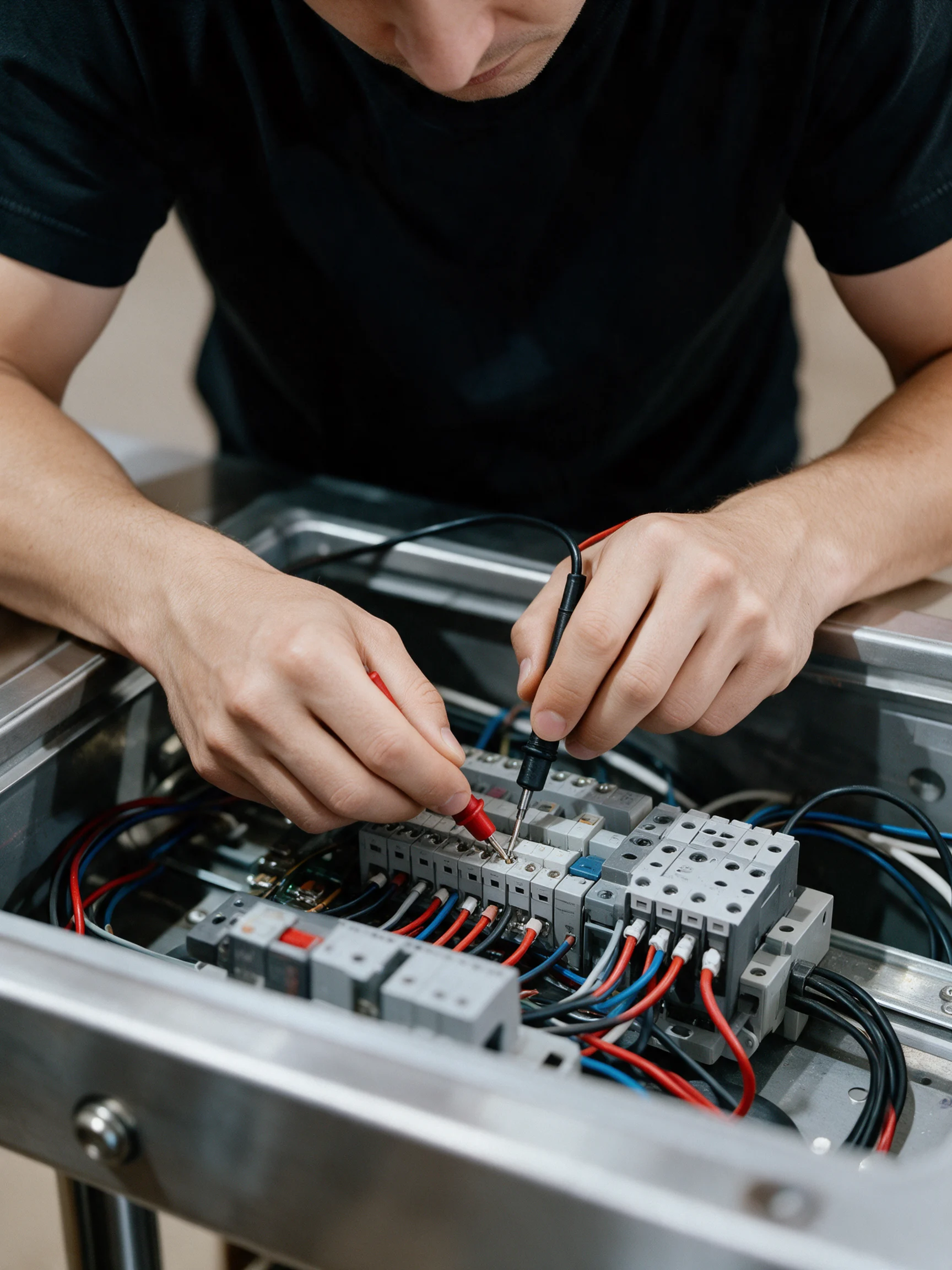 Técnico cableando la placa de control de un torno de acceso
