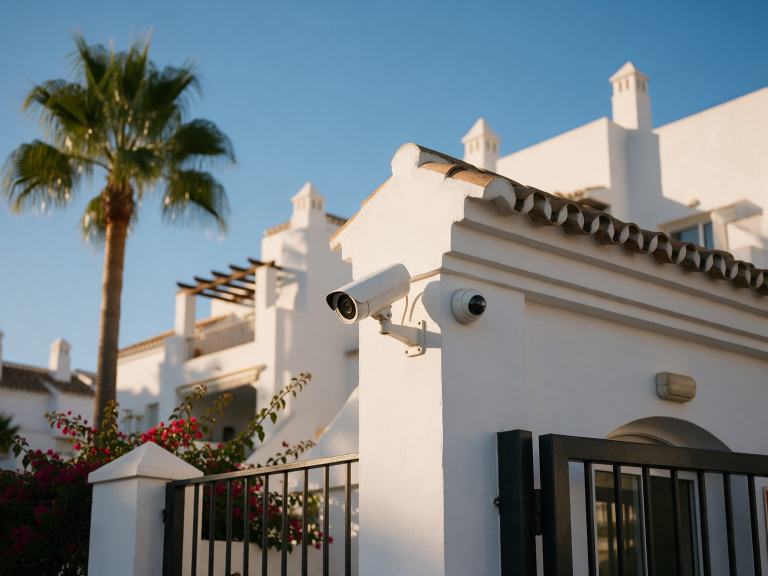 Cámaras de videovigilancia en la fachada de una comunidad de vecinos