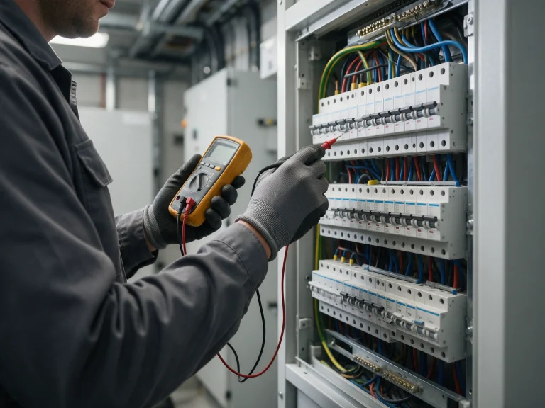 Electricista revisando un cuadro eléctrico con un multímetro