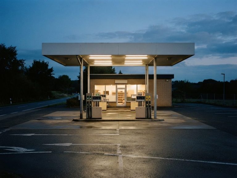 Estación de servicio al anochecer