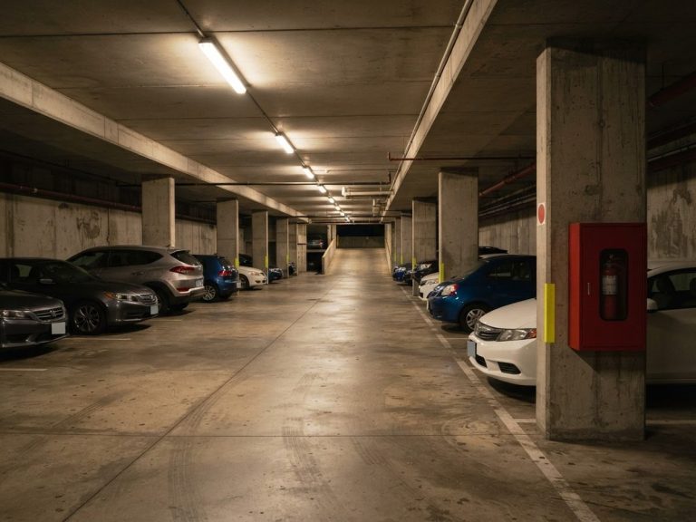 Garaje comunitario con extintor en una columna