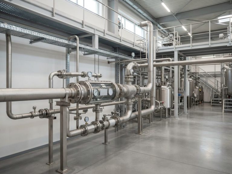 Tuberías y caudalímetros en una planta industrial
